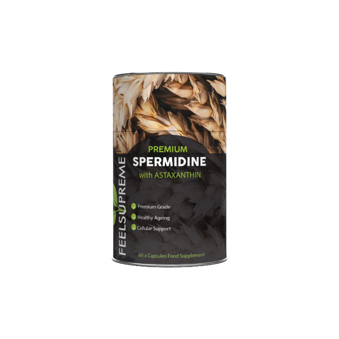 made by: Feel Supreme price:£49.48 Feel Supreme 500mg Premium Spermidine & Astaxanthin Complex Capsules - 60 Caps next day delivery at Vape Street UK