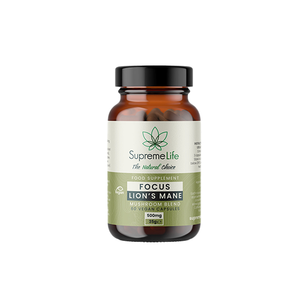 made by: Supreme CBD price:£29.16 Supreme Life 500mg Focus Lions Mane Vegan Capsules - 60 Capsules next day delivery at Vape Street UK