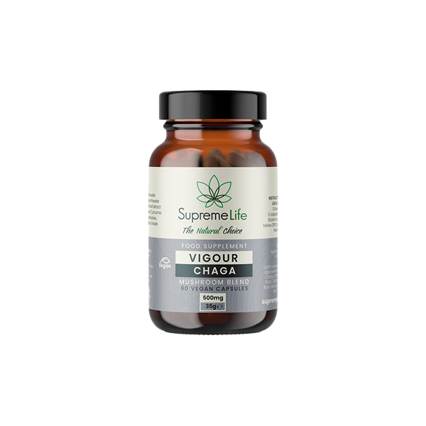 made by: Supreme CBD price:£29.16 Supreme Life 500mg Vigour Chaga Vegan Capsules - 60 Capsules next day delivery at Vape Street UK