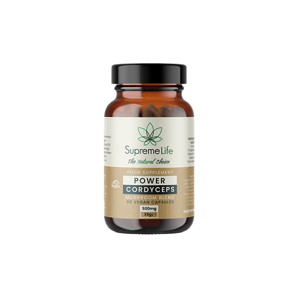 made by: Supreme CBD price:£29.16 Supreme Life 500mg Power Cordyceps Vegan Capsules - 60 Capsules next day delivery at Vape Street UK