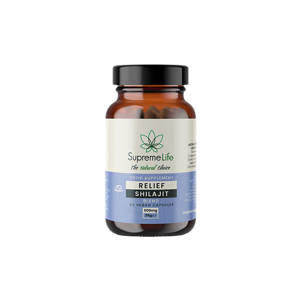 made by: Supreme CBD price:£29.16 Supreme Life 500mg Relief Shilajit Vegan Capsules - 60 Capsules next day delivery at Vape Street UK