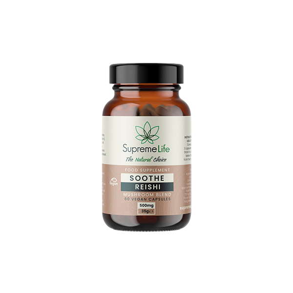 made by: Supreme CBD price:£29.16 Supreme Life 500mg Soothe Reishi Vegan Capsules - 60 Capsules next day delivery at Vape Street UK