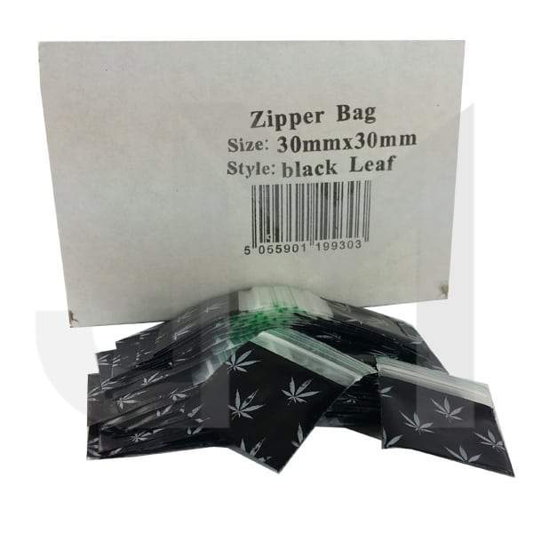 made by: Zipper price:£5.25 Zipper Branded 30mm x 30mm Black Leaf Bags next day delivery at Vape Street UK