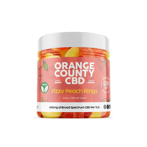 made by: Orange County price:£15.83 Orange County CBD 400mg CBD Fizzy Peach Rings - Small Tub next day delivery at Vape Street UK