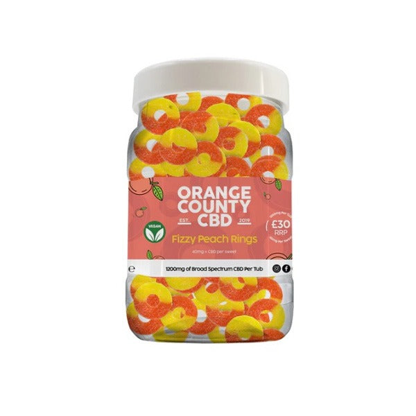 made by: Orange County price:£39.58 Orange County CBD 1600mg CBD Fizzy Peach Rings - Large Tub next day delivery at Vape Street UK